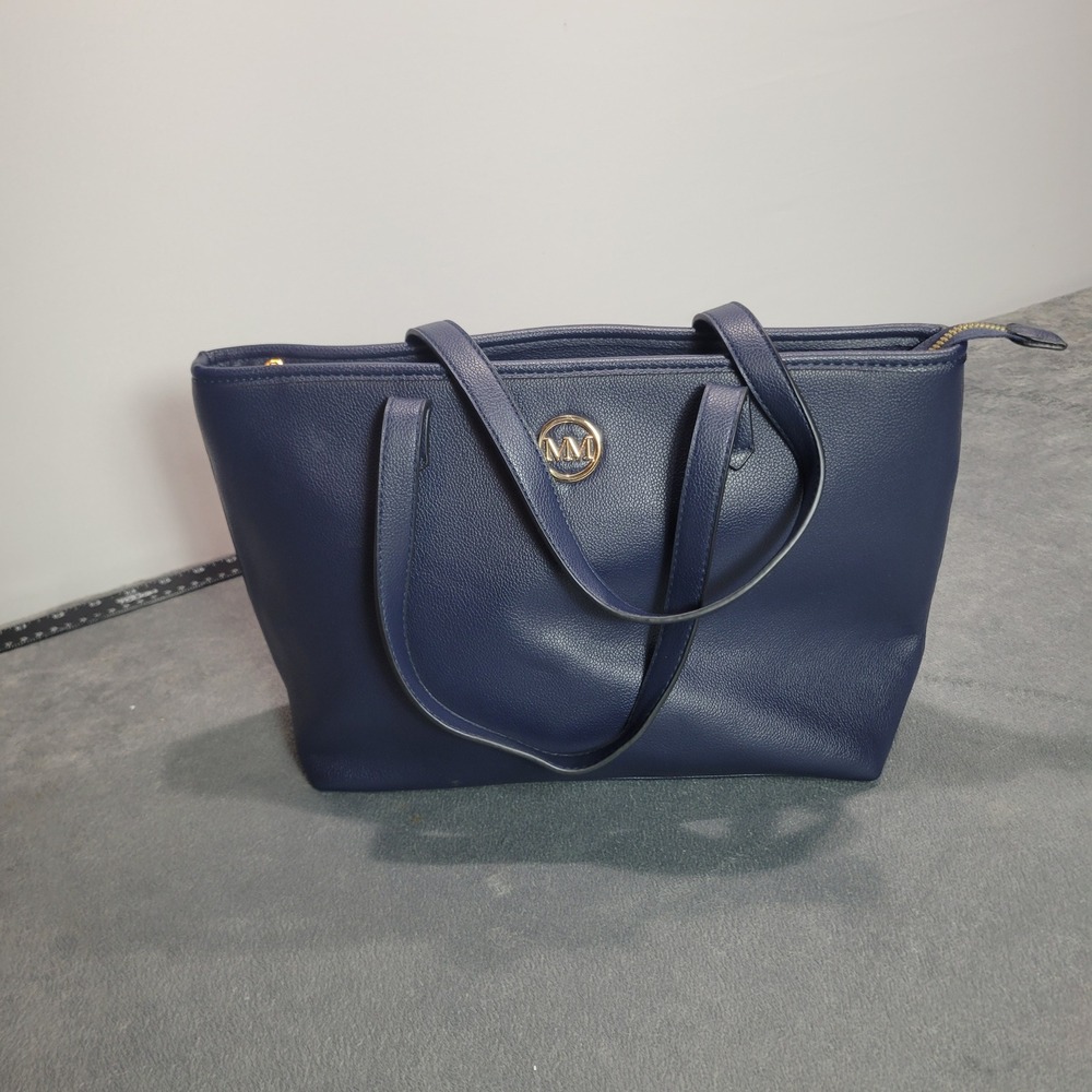 Mia K Collection Tote Bag Women Medium Navy Blue Pebbled‎ Vegan Leather Zip Top